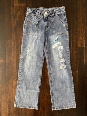 Wallflower Girls Butterfly Distressed Baggy Fit Wide Leg Jeans